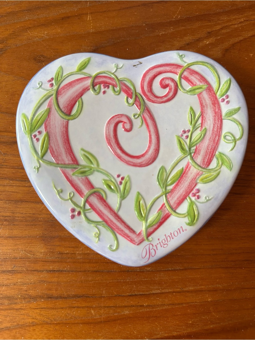 Brighton Heart Trinket Box with Pink Scrolls and Green Vines